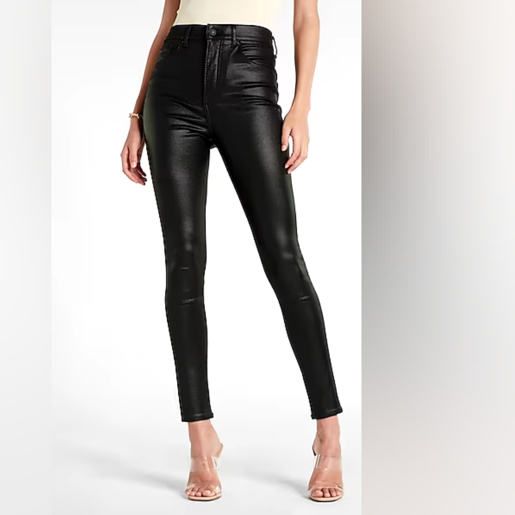 Express Super High Waisted Black Coated Skinny Jeans W/ Leather Effect